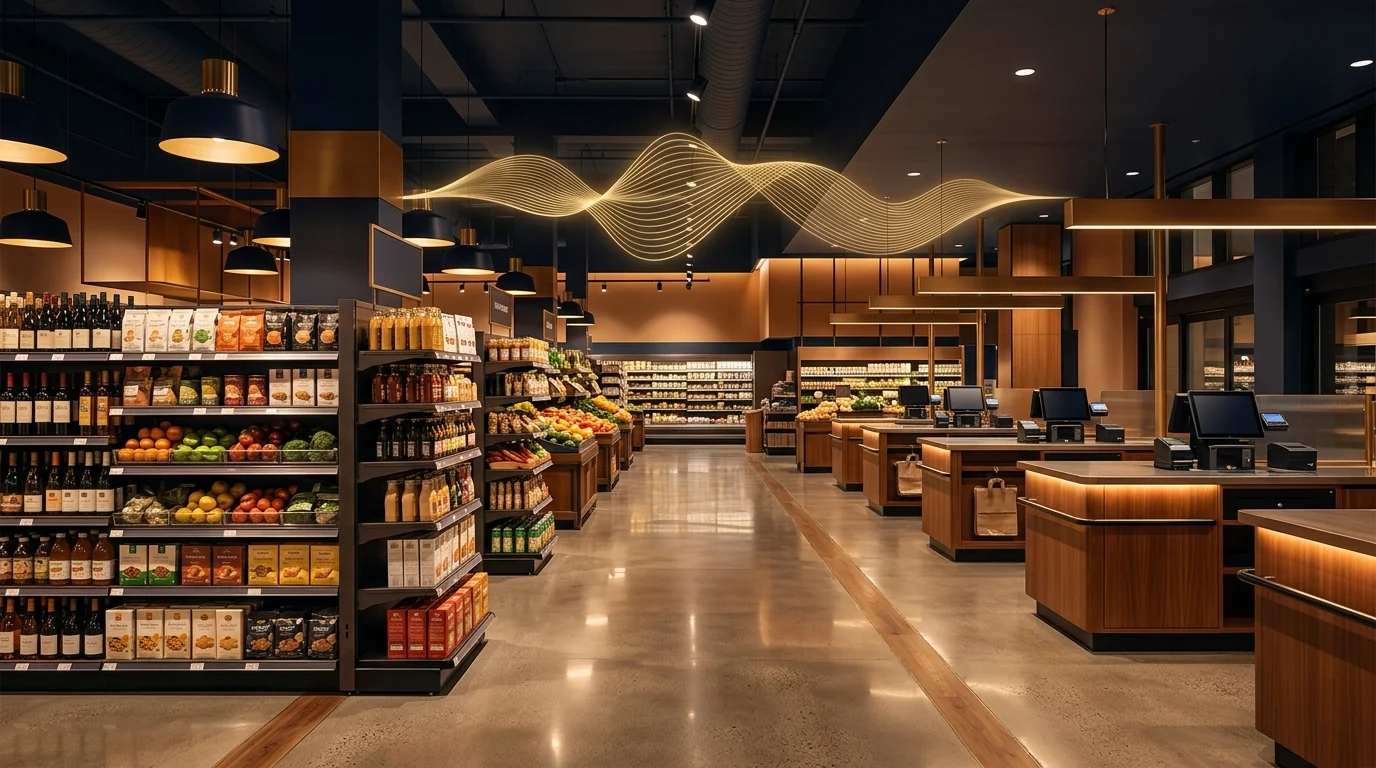 Grocery store and checkout area with controlled background music ambience