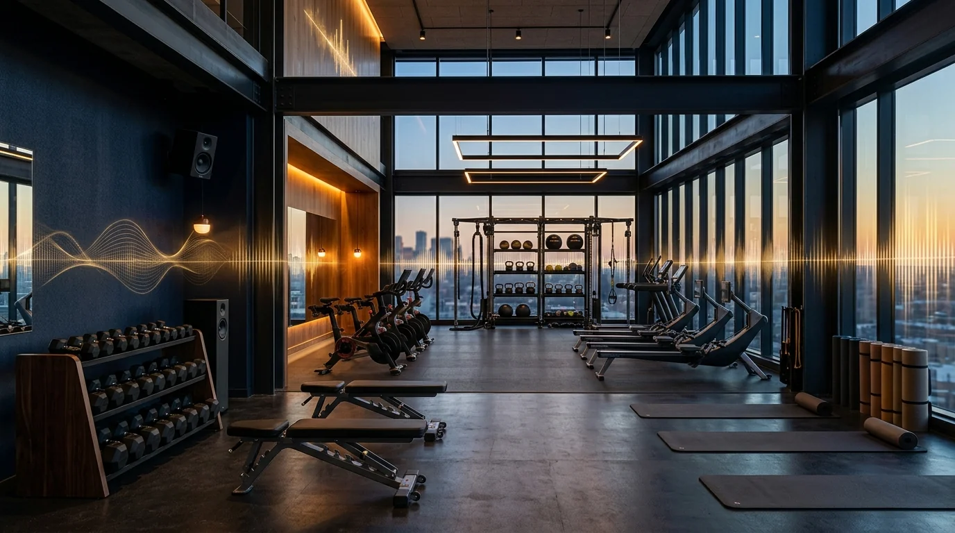 Modern gym and fitness studio with energetic background music ambience