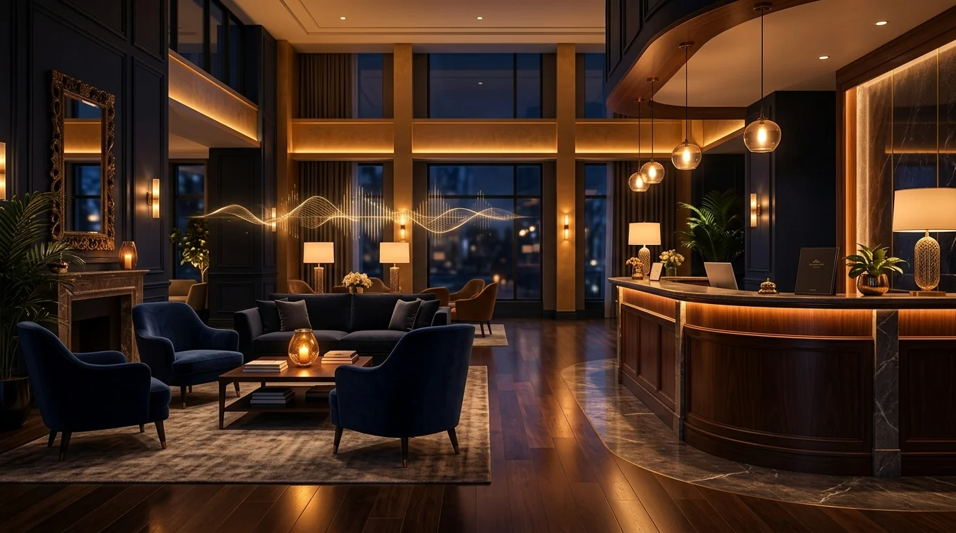 Hotel lobby with warm atmospheric background music ambience