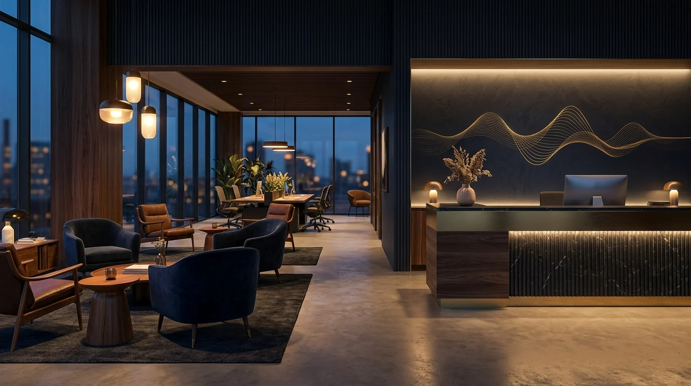 Office lobby and workspace with focused background music ambience