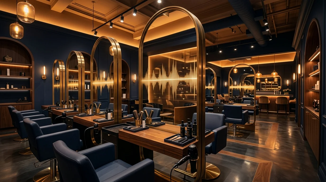 Salon and barbershop interior with polished background music ambience