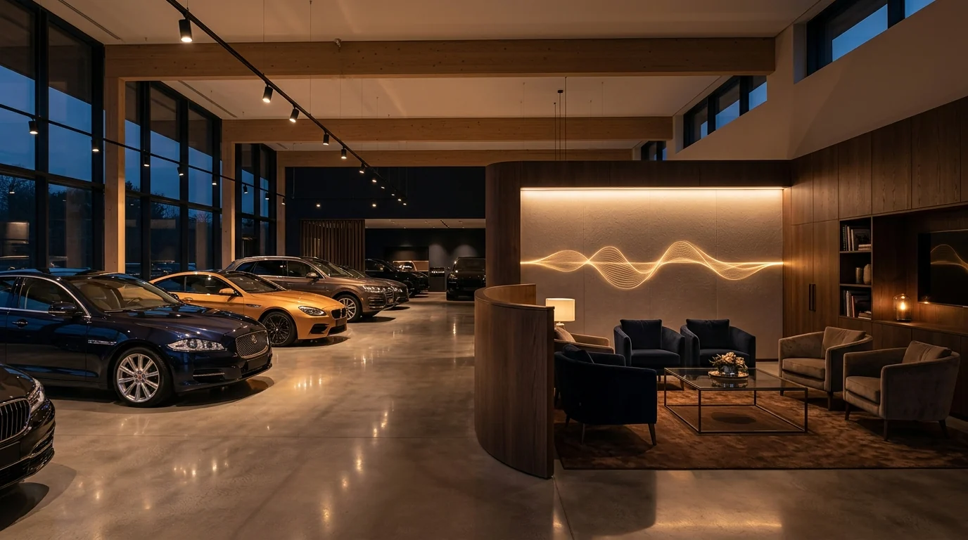 Premium showroom and dealership lounge with refined background music ambience