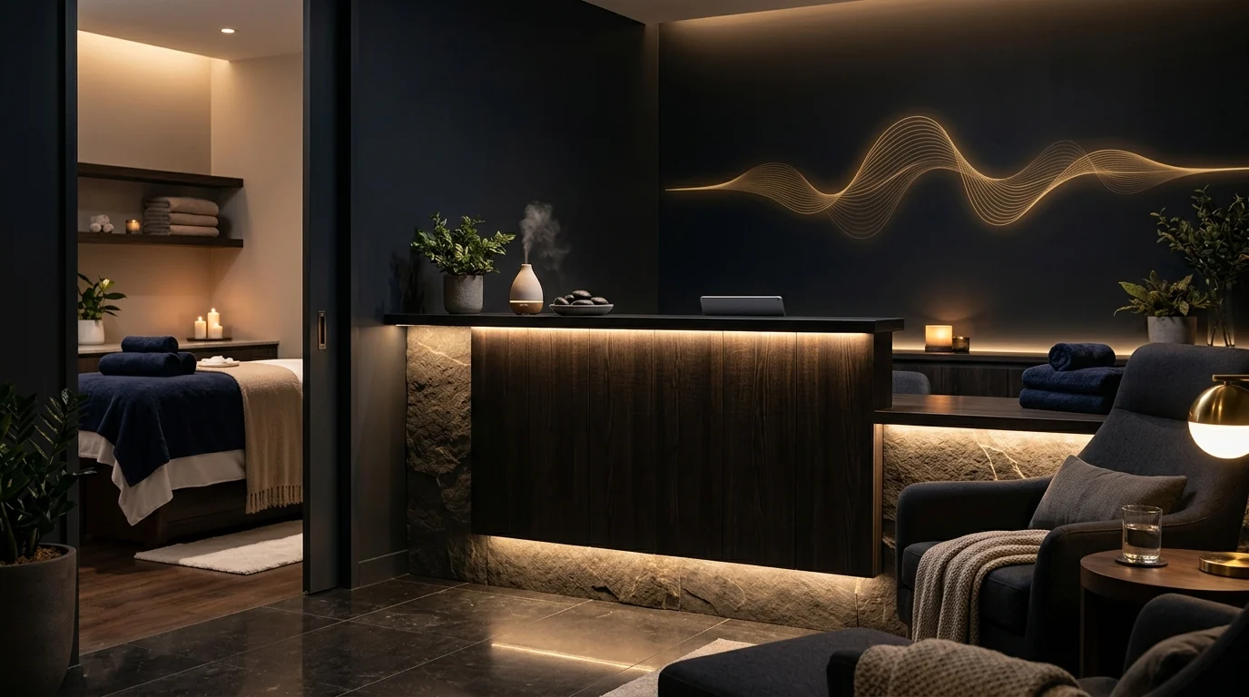 Spa and wellness reception with calm background music ambience