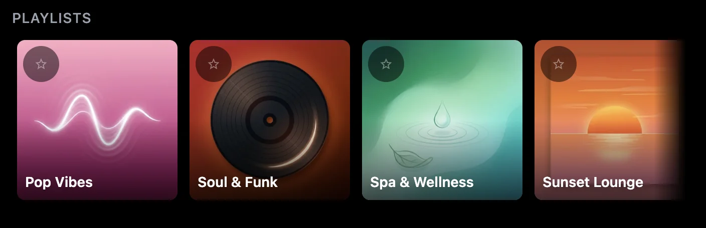 Ambsonic mood gallery showing Pop Vibes, Soul & Funk, Spa & Wellness, and Sunset Lounge moods