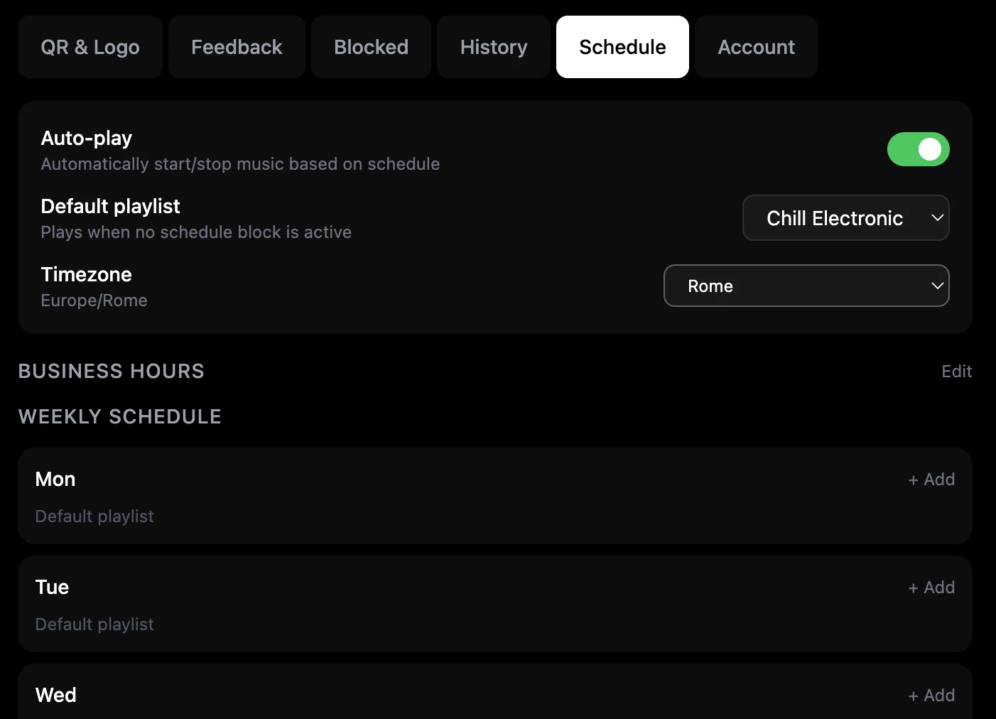 Ambsonic scheduling interface showing weekly mood configuration